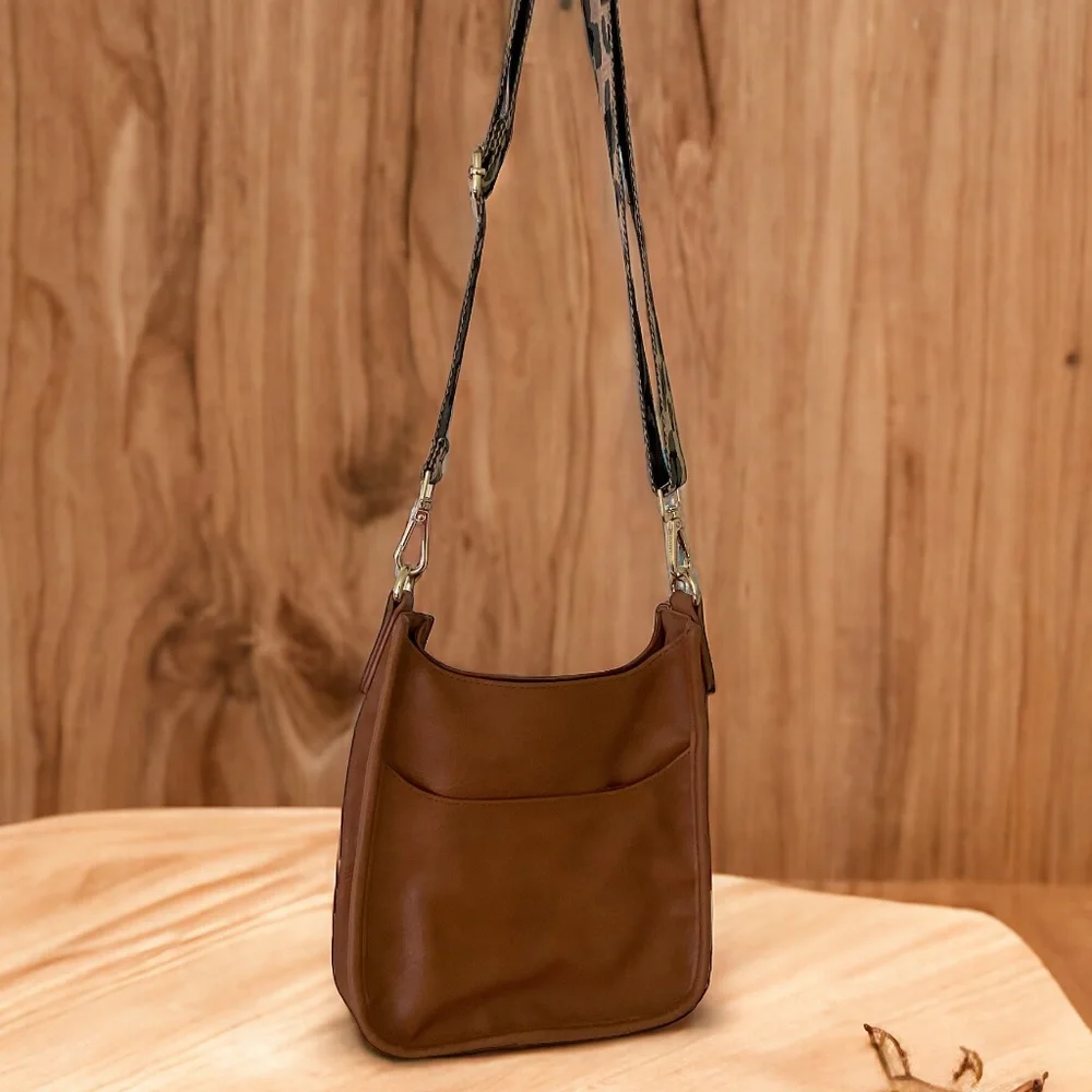 ADORNED LEATHER MESSENGER CROSSBODY with Cheetah Removable Guitar Strap in Tan - Picture 2 of 5